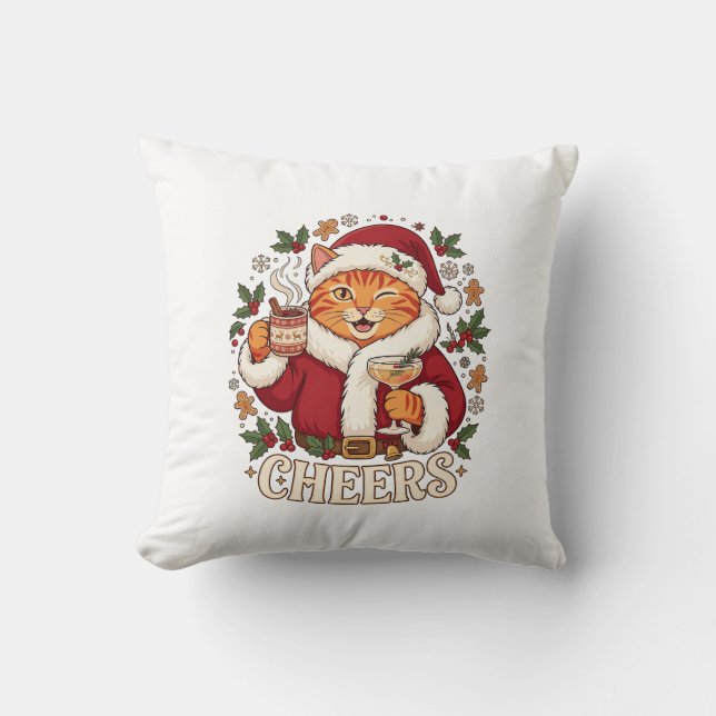 Cheers Christmas Orange Cat Santa Hat Drinks Ginge Cushion (Front)