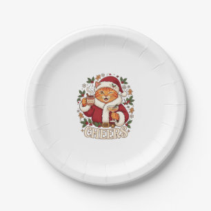 Cheers Christmas Orange Cat Santa Hat Drinks Ginge Paper Plate