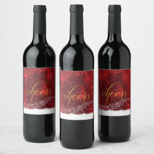 Cheers Christmas Red White Snowflakes Wine Label