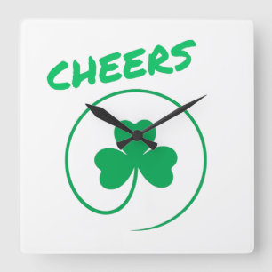 Cheers Clover Shamrock Green an White Elegant Square Wall Clock