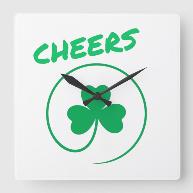 Cheers Clover Shamrock Green an White Elegant Square Wall Clock (Front)