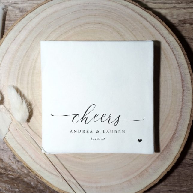 Cheers Cocktail Napkins Heart Modern Wedding (Cheers wedding napkins - black and white modern simple personalized cocktail napkins)