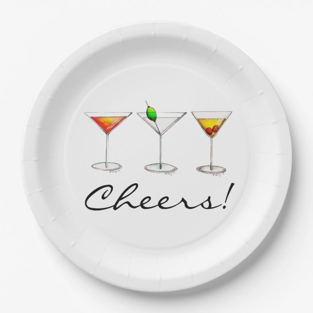 Cheers! Cocktails Martini Cosmo Manhattan Drinks Paper Plate (Front)