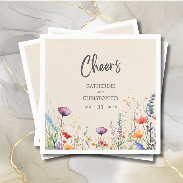 Cheers Colourful Wildflowers Elegant Beige Wedding Napkin (Cheers Colorful Wildflowers Wedding Napkin with purple, orange, red wildflowers, beige background.)