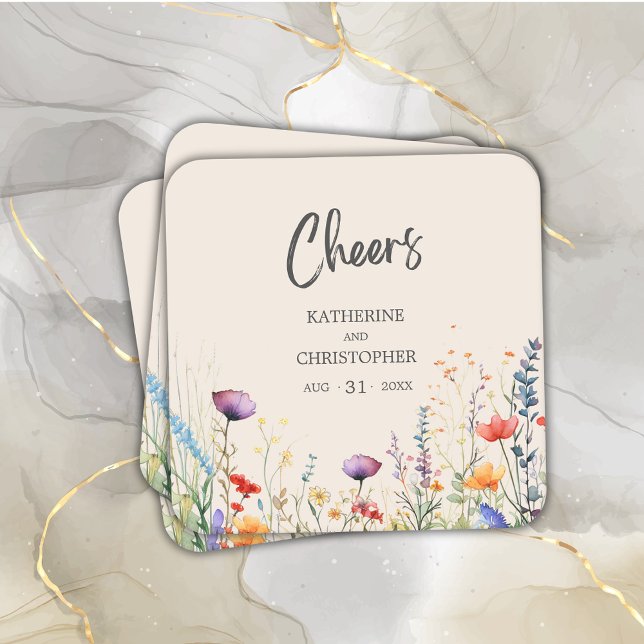 Cheers Colourful Wildflowers Elegant Beige Wedding Square Paper Coaster (Cheers Wedding Coaster with Colorful Wildflowers in purple, orange, and red with a beige background.)