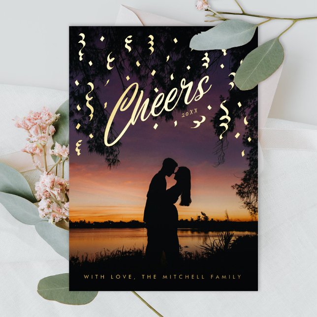 Cheers Confetti to the New Year Photo Foil Holiday Card (Creator Uploaded)