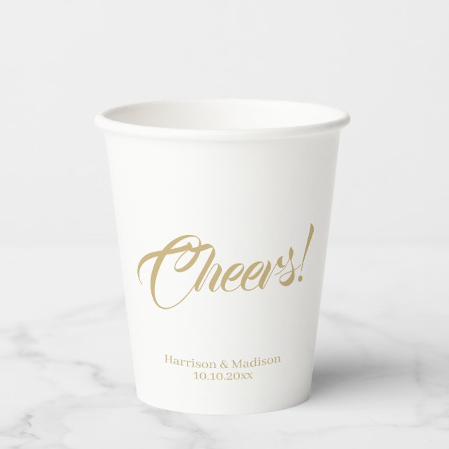 Cheers custom gold calligraphy script Wedding Paper Cups (Front)
