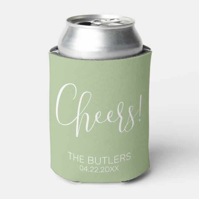 Cheers! Custom Sage Green Wedding Can Cooler (Can Front)