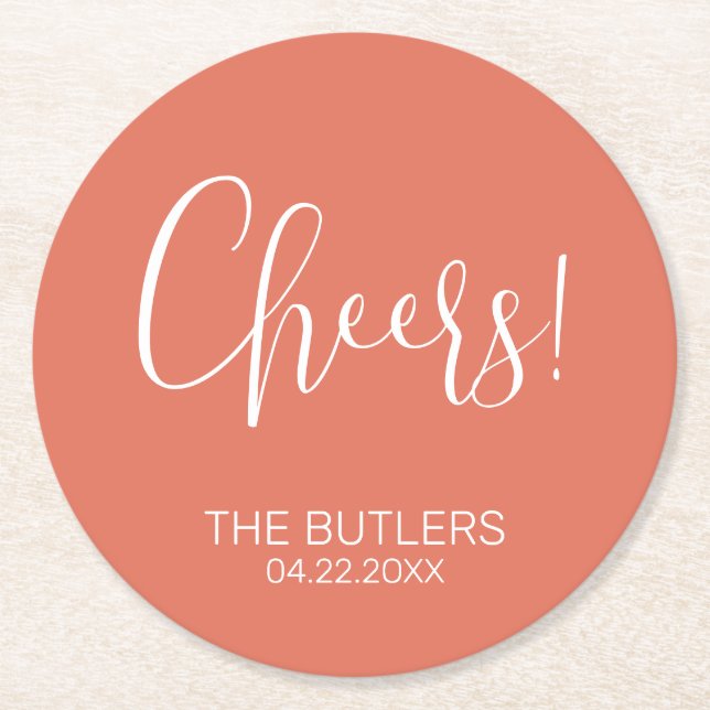 Cheers! Custom Terracotta Wedding Paper Coaster (Front)