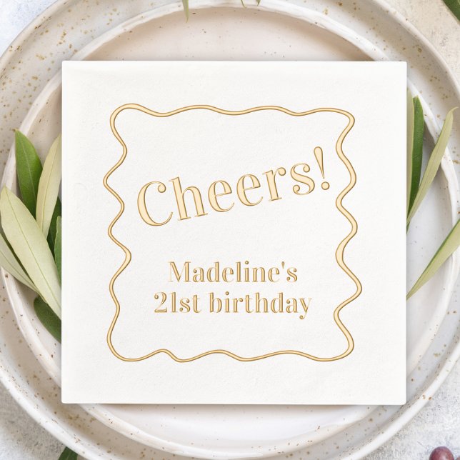 "Cheers" customisable message wavy border party Foil Napkins ("Cheers" custom personalized party napkin gold foil wavy hand drawn border modern fun party supplies)
