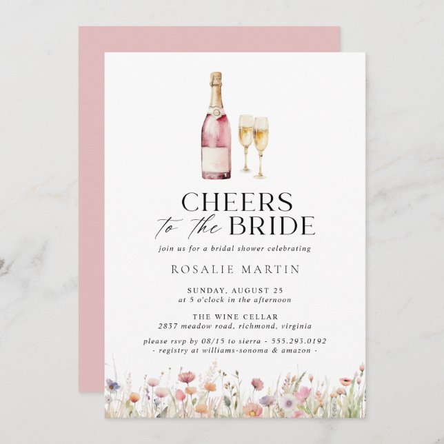 Cheers | Cute Girly Pink Champagne Bridal Shower Invitation (Front/Back)