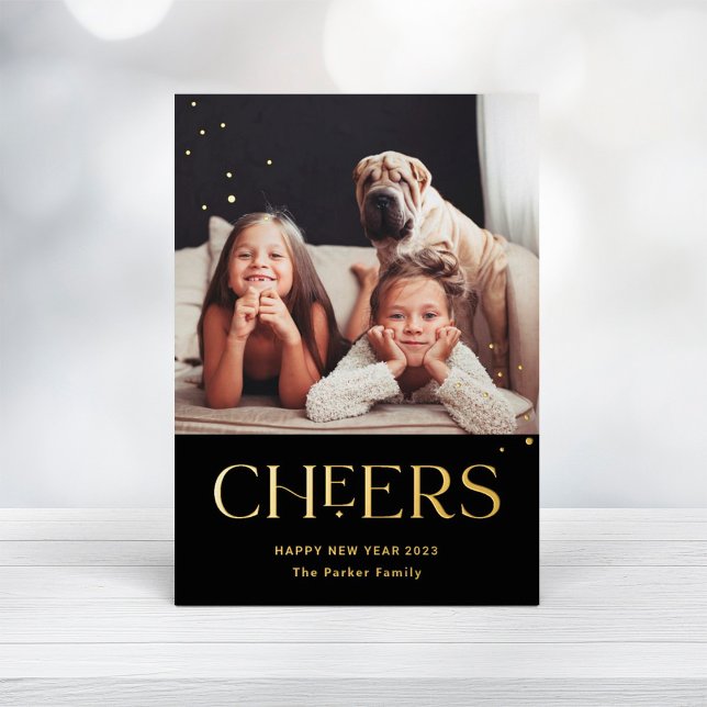 Cheers | Decorative Text Happy New Year Photo Foil Holiday Card (Creator Uploaded)