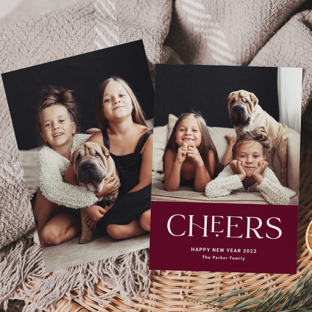 Cheers | Decorative Text Happy New Year Two Photo Holiday Card (Creator Uploaded)