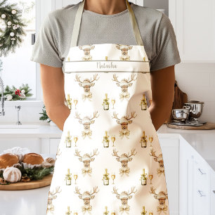Cheers Deer with Santa Hat and Champagne Holiday Apron