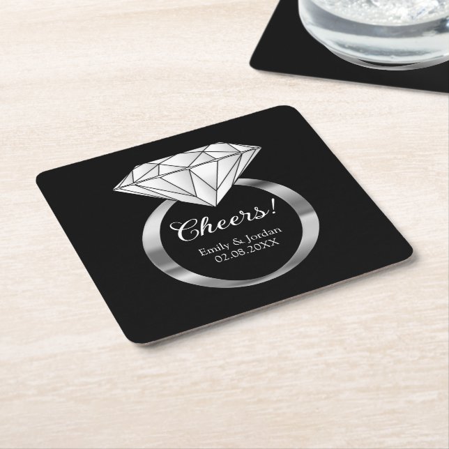 Cheers Diamond Wedding Ring Custom Text Black Square Paper Coaster (Angled)