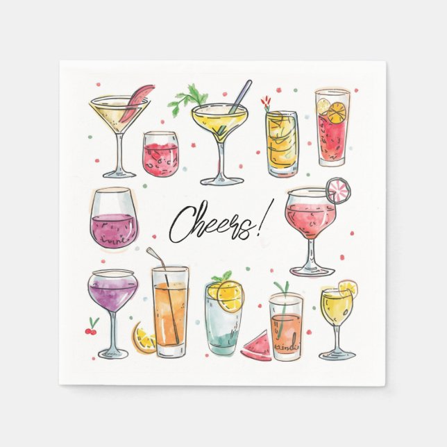 Cheers Drink Doodles Cocktail Napkin (Front)