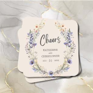Cheers Dusty Blue BOHO Wildflowers Elegant Wedding Square Paper Coaster