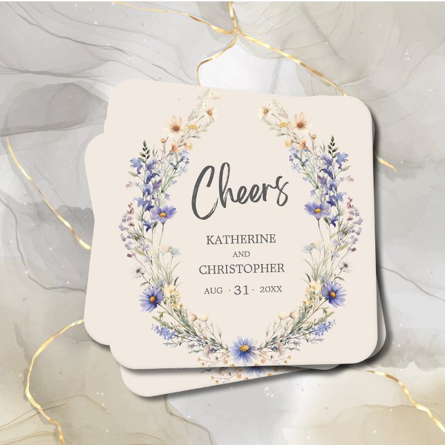 Cheers Dusty Blue BOHO Wildflowers Elegant Wedding Square Paper Coaster (Cheers BOHO Wildflowers Elegant Wedding Coaster with blue & yellow flowers, couple names, date.)