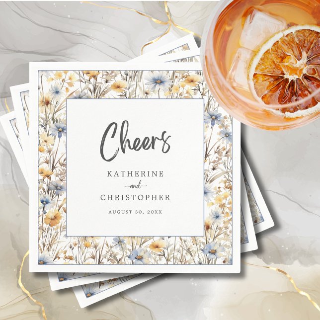 Cheers Dusty Blue Wildflower Wedding Reception Napkin (Cheers Dusty Blue Wildflower Wedding Reception Cocktail Napkin with Couple Names, Date.)