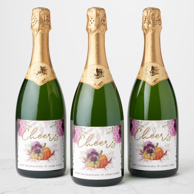Cheers Elegant Autumn Burgundy Pumpkin Sparkling Wine Label (Bottles)