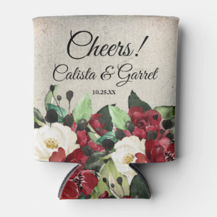 Cheers!   Elegant Dark Red Floral Goth Wedding Can Cooler