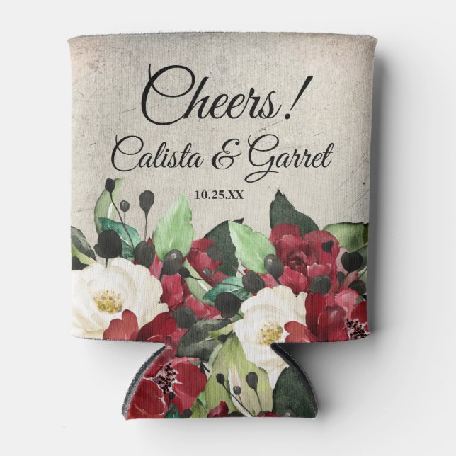 Cheers! | Elegant Dark Red Floral Goth Wedding Can Cooler (Front)
