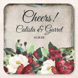 Cheers! Elegant Dark Red Floral Goth Wedding Square Paper Coaster