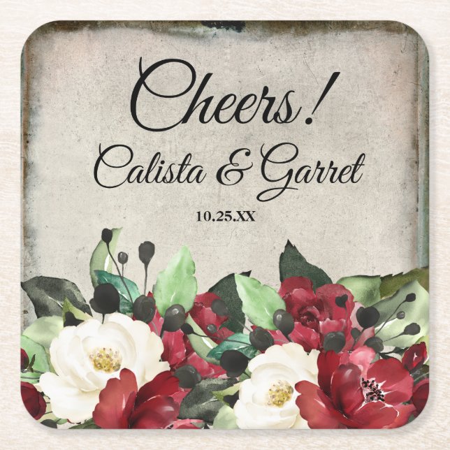 Cheers! | Elegant Dark Red Floral Goth Wedding Square Paper Coaster (Front)