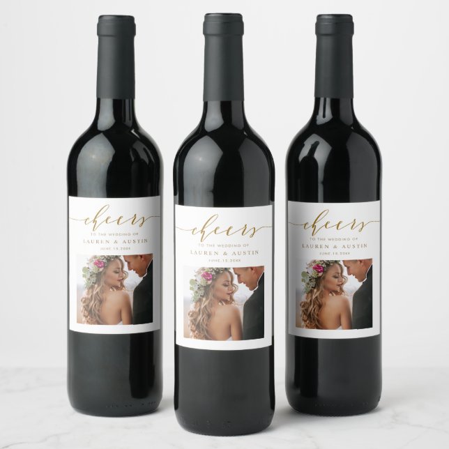 Cheers Elegant Gold Script Photo Wedding Wine Label (Bottles)