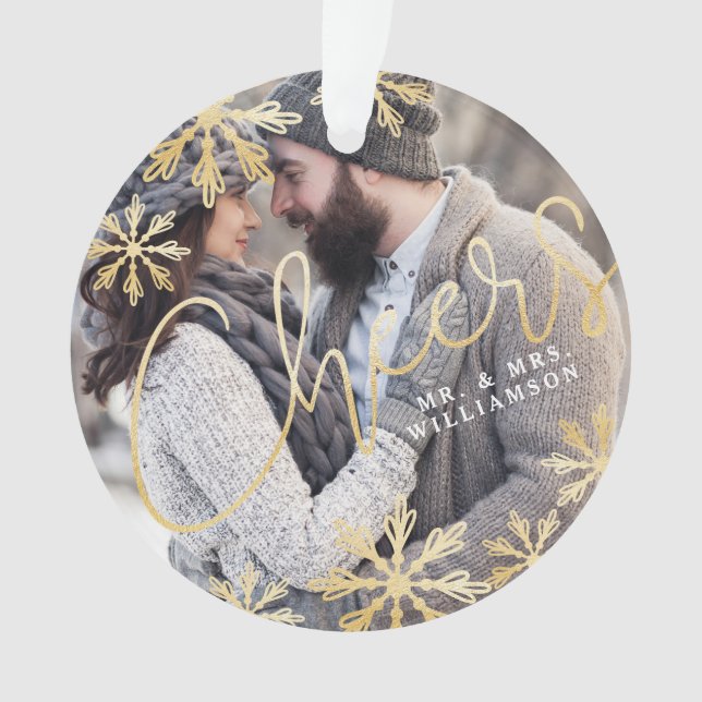 Cheers Elegant Gold Snowflake Holiday Photo Ornament (Front)