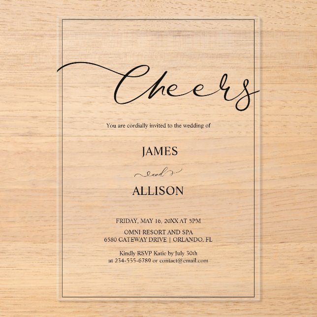 cheers Elegant Minimalist Simple Wedding  Acrylic Invitations (Front)