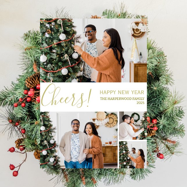 Cheers Elegant Modern Happy New Year Photo Collage Holiday Card (Creator Uploaded)