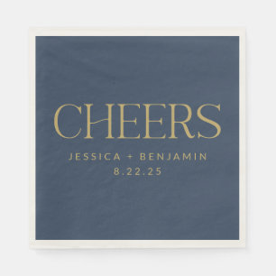 Cheers Elegant Navy Blue Gold Typography Wedding Napkin