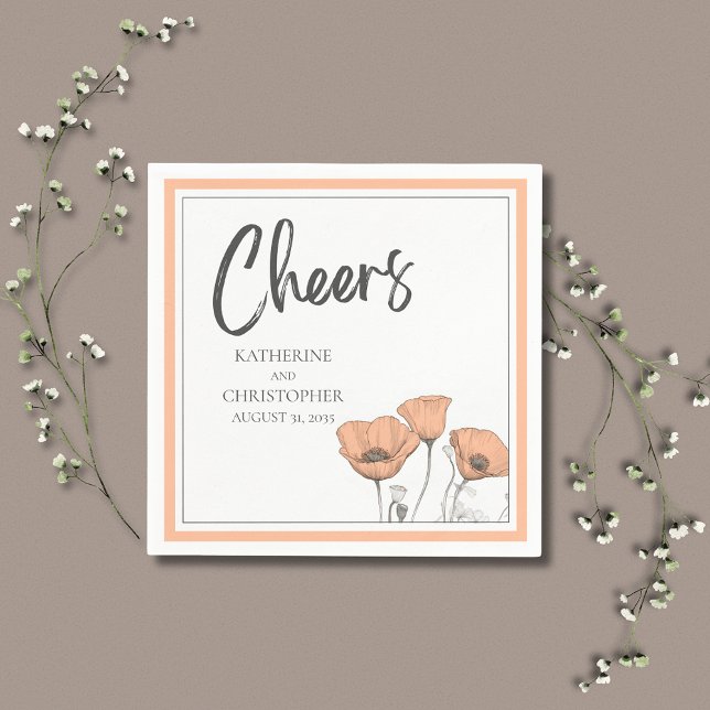 Cheers Elegant Peach Floral Poppies Wedding Napkin (Peach Poppies Elegant Wedding Cheers Cocktail Napkin with California Poppies.)