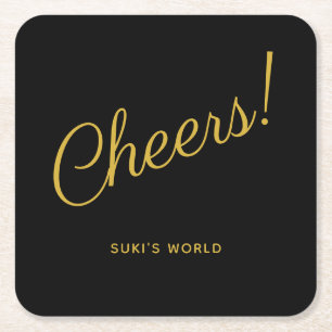 Cheers! Elegant Personalised Black Square Paper Coaster