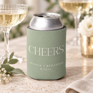Cheers Elegant Sage Green Typography Wedding Can Cooler