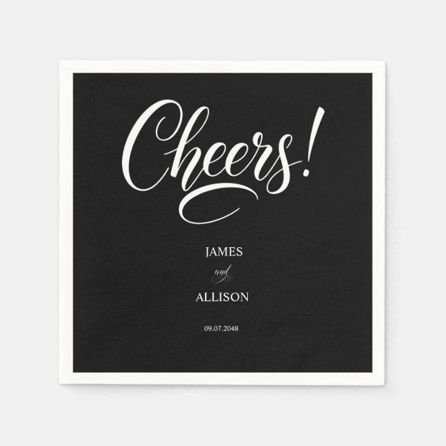 "Cheers!" Elegant Script Black Wedding Napkins (Front)