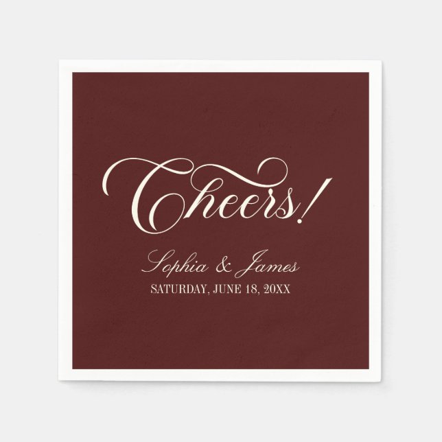 Cheers! Elegant Vintage Ivory Burgundy Wedding Napkin (Front)