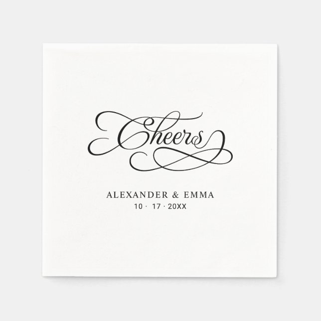 Cheers Elegant Wedding Black & White Calligraphy Napkin (Front)