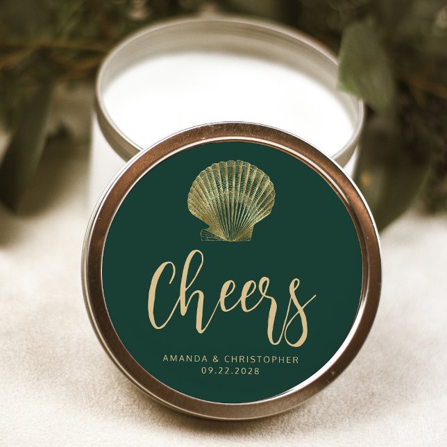 Cheers Emerald Green Gold Coastal Beach Wedding Classic Round Sticker (Creator Uploaded)