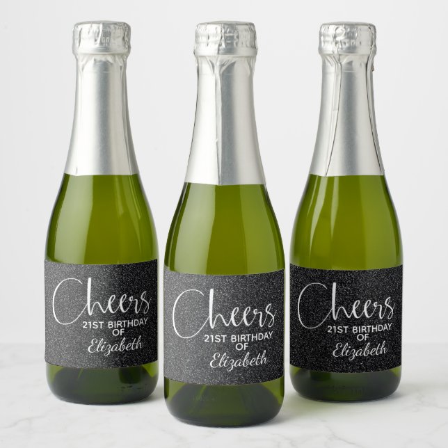 Cheers Faux Black GLITTER Birthday Mini Sparkling Wine Label (Bottles)