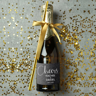 Cheers Faux BLACK GLITTER Wedding Mini Sparkling Wine Label