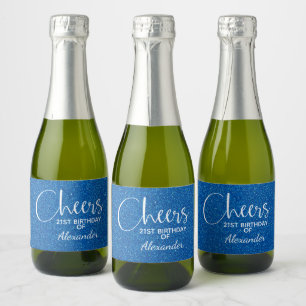 Cheers Faux Blue GLITTER Birthday Mini Sparkling Wine Label