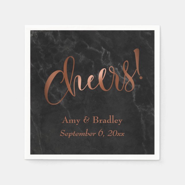 "Cheers!" Faux Copper Script over Black Marble Napkin (Front)