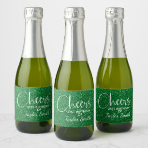 Cheers Faux Green GLITTER Birthday Mini Sparkling Wine Label