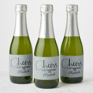 Cheers Faux Silver GLITTER Birthday Mini Sparkling Wine Label