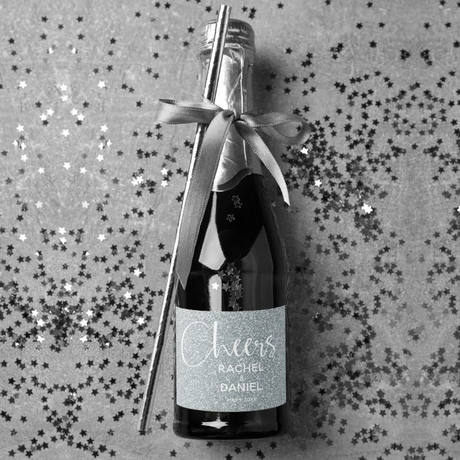 Cheers Faux SILVER GLITTER Wedding Mini Sparkling Wine Label (Cheers silver faux glitter mini sparkling wine labels personalized for your wedding)