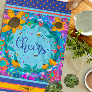 Cheers Floral Fun Bees Colourful Personalised Name Tea Towel