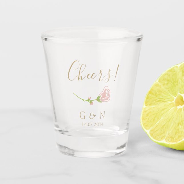 Cheers Floral Rose Initials Wedding Shot Glass (Front)