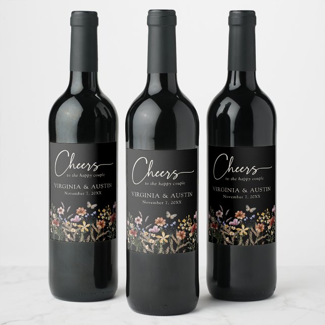 Cheers Floral Wedding Wine Label (Cheers Boho Black Floral Wedding Wine Label by Painted Paperie
)